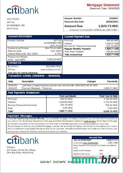Hong Kong Bank Citibank wyciąg z kredytu hipotecznego szablon Word i PDF
